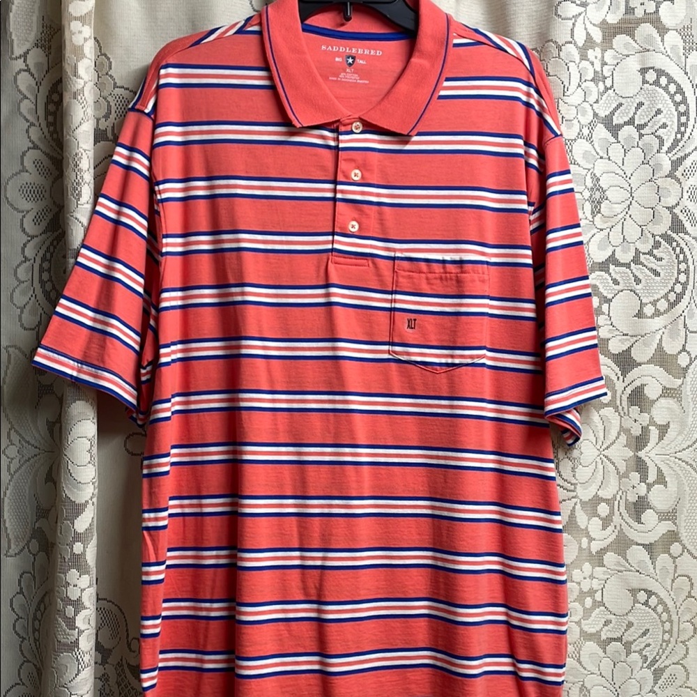 Saddlebred Peach, Blue and White Polo Shirt Casual Striped Design. XLT NWT